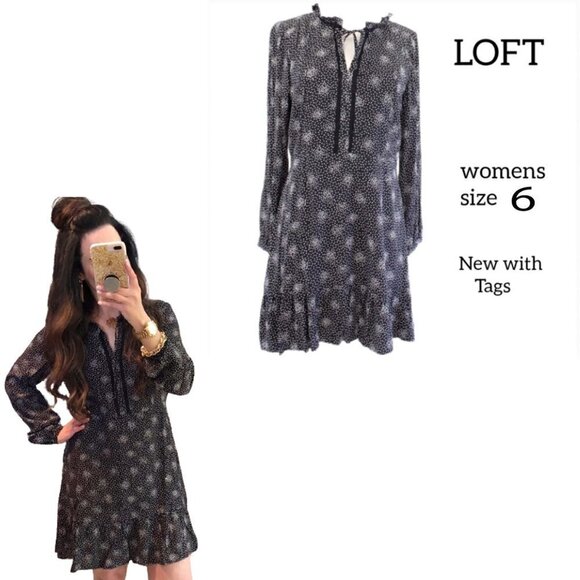 LOFT Dresses & Skirts - Loft‎ Women's Black & White Rayon Mock Neck Long Sleeve Knee Length Dress  6 NWT